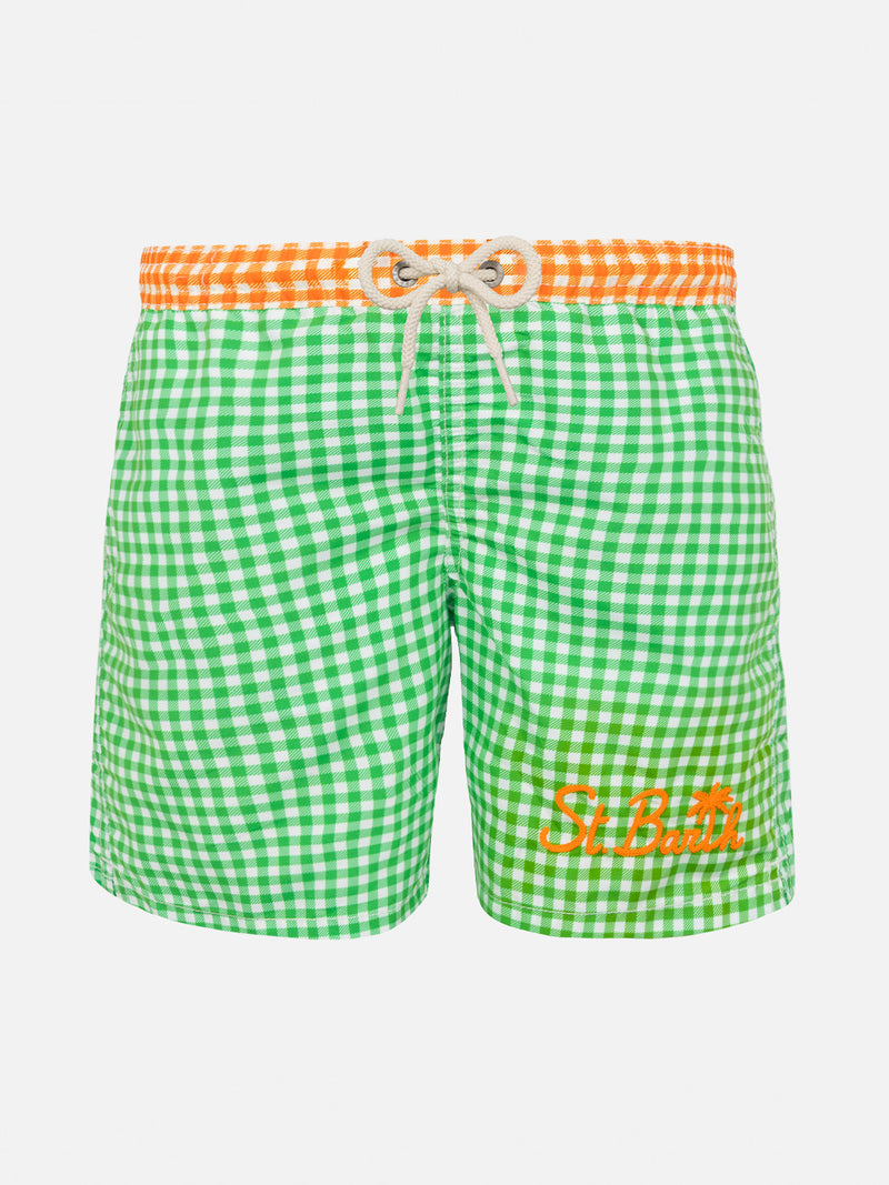 Green gingham  boy's swim shorts with embroidery