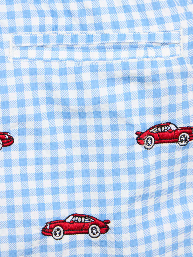 Boy seersucker swim-shorts Jean with cars embroidery