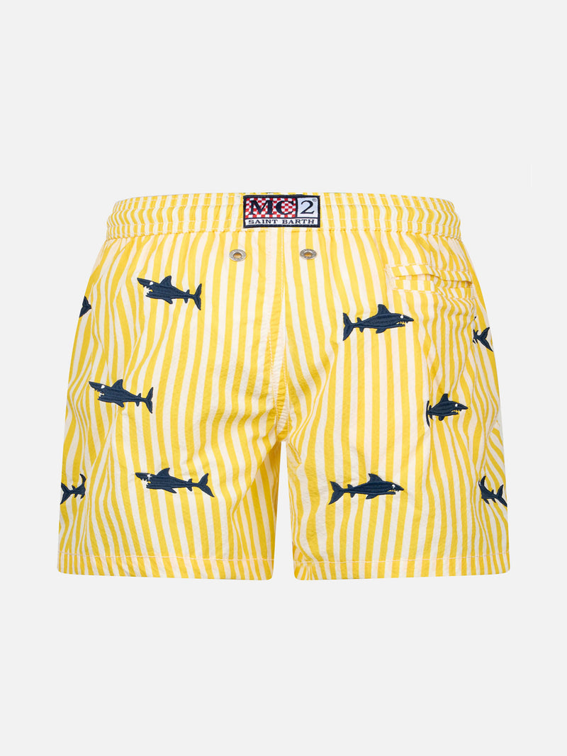 Boy seersucker swim-shorts Jean with sharks embroidery