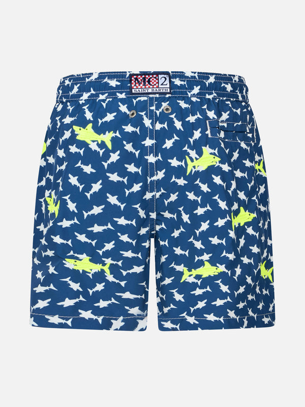 Boy lightweight fabric swim-shorts Jean Lighting with sharks embroidery