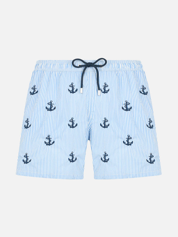 Boy seersucker swim-shorts Jean with anchors embroidery