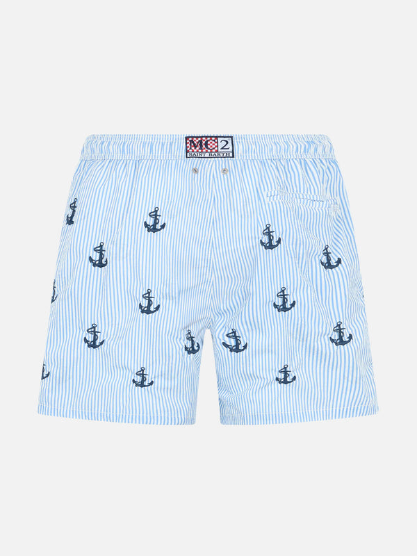 Boy seersucker swim-shorts Jean with anchors embroidery