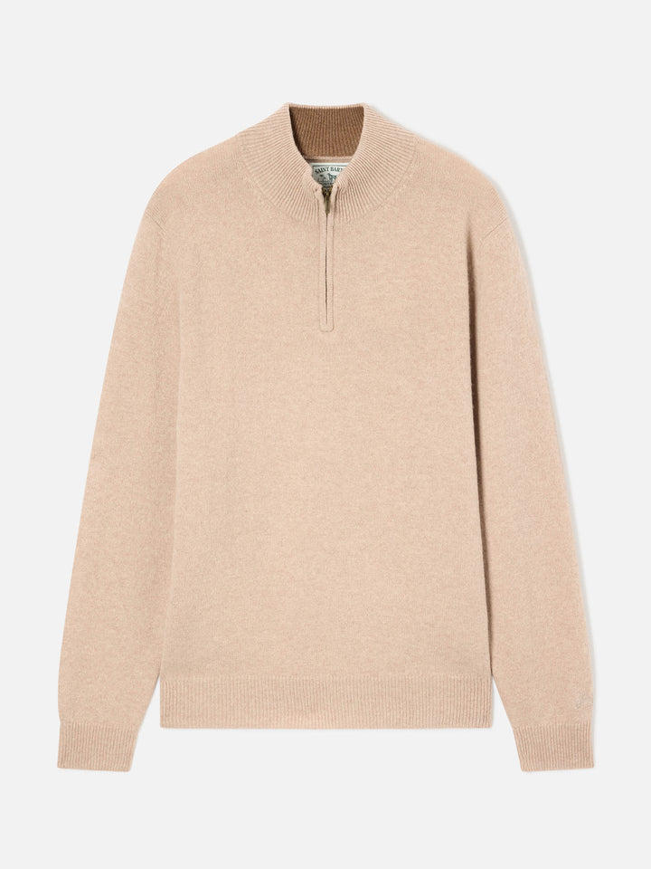 Maglia Jermyn beige in lana d'agnello con mezza zip e collo a contrasto