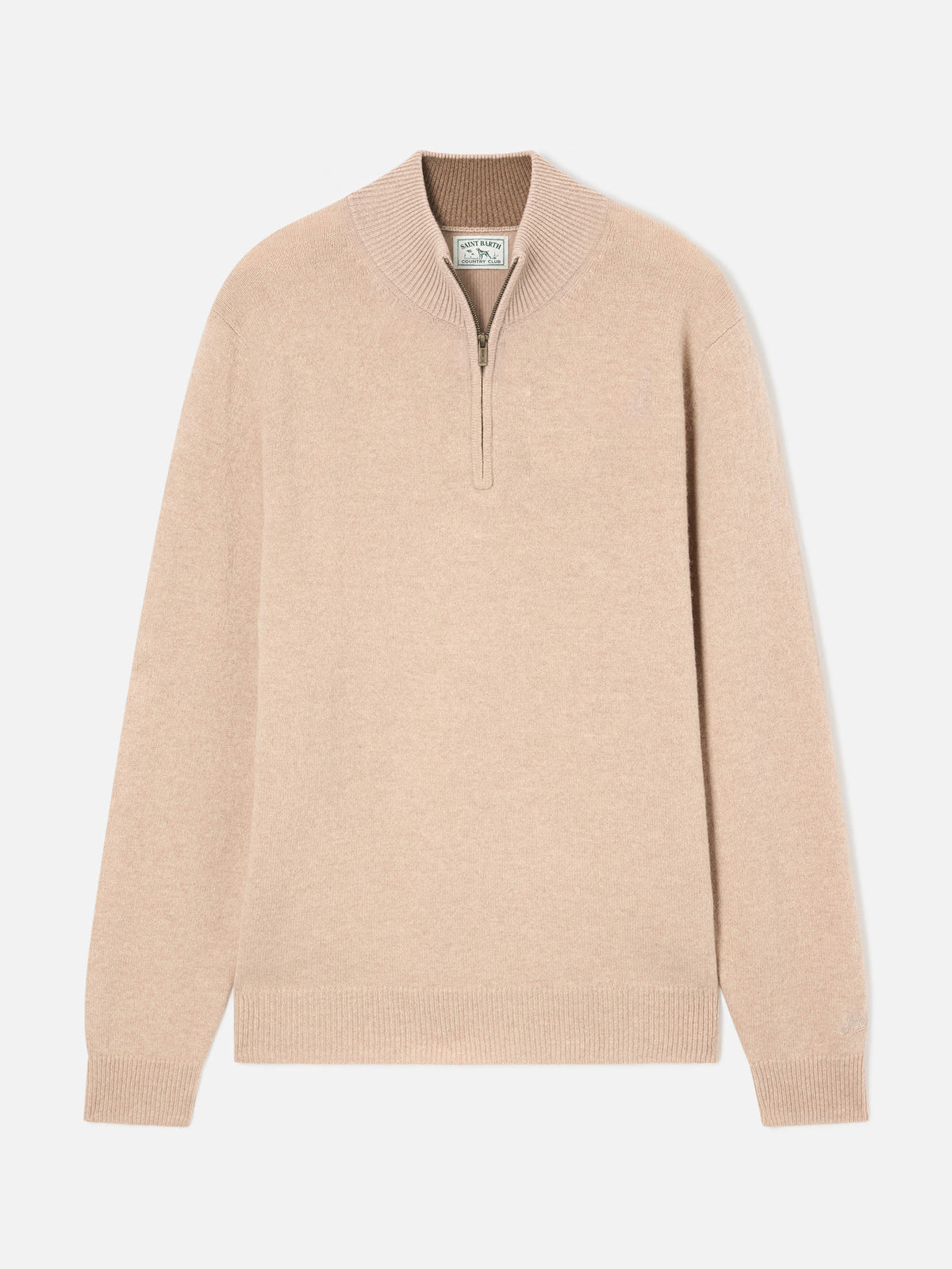 Maglia mezza zip in lana d'agnello Jermyn beige con collo a contrasto