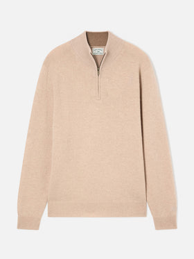 Maglia mezza zip in lana d'agnello Jermyn beige con collo a contrasto