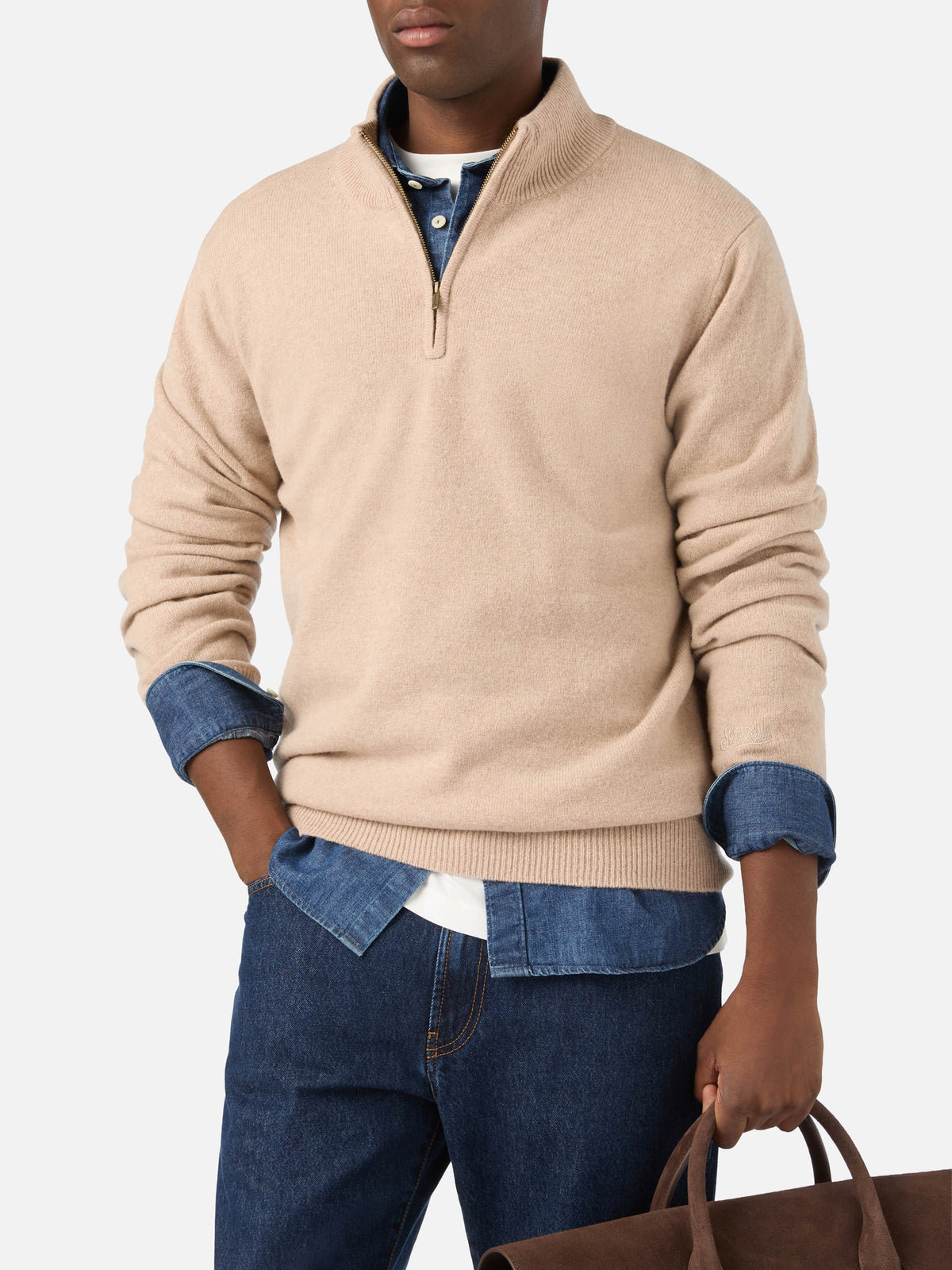Beige Jermyn lambswool half zip knit with contrasting collar