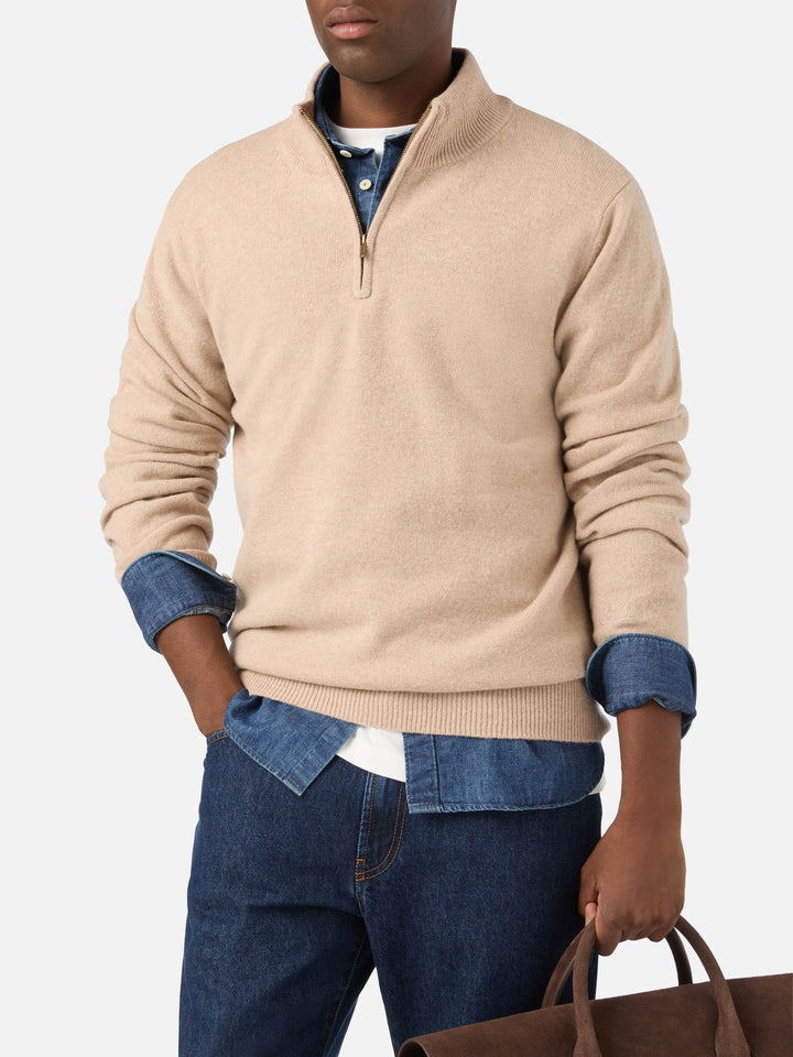 Maglia Jermyn beige in lana d'agnello con mezza zip e collo a contrasto