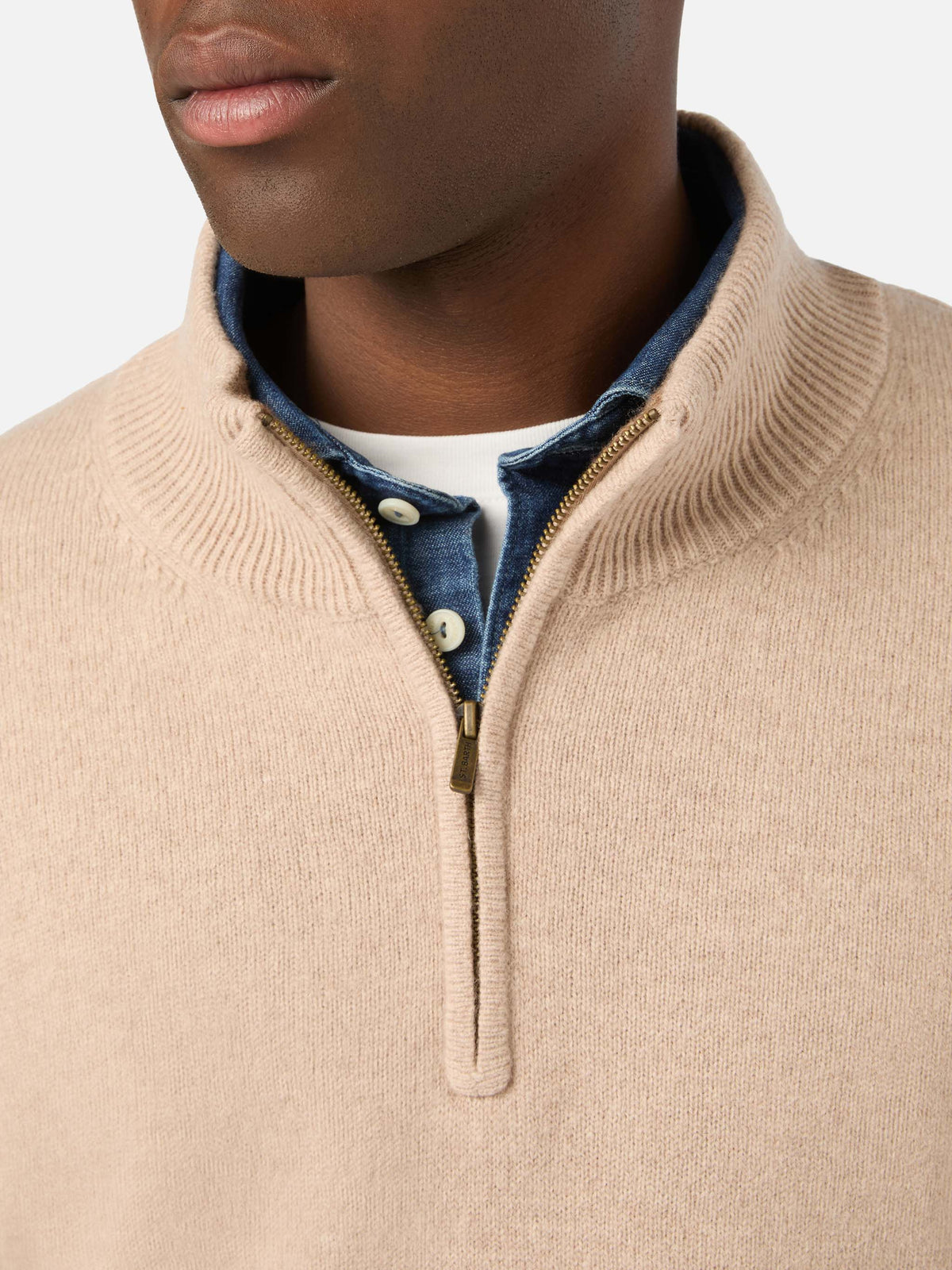 Beige Jermyn lambswool half zip knit with contrasting collar