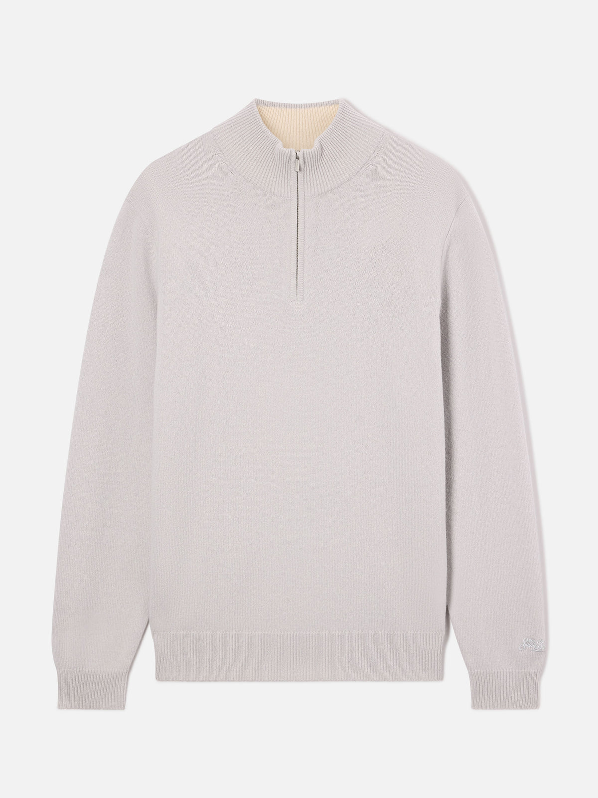 Jersey Jermyn gris de lana de cordero con media cremallera y cuello en contraste 