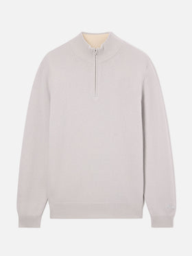 Jersey Jermyn gris de lana de cordero con media cremallera y cuello en contraste 
