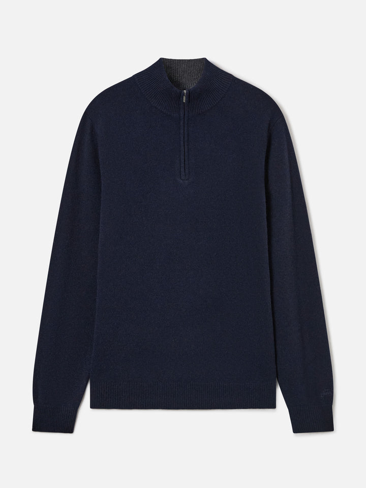 Marineblauer blue Jermyn Strickpullover aus Lammwolle mit Halbzip und kontrastierendem Kragen 