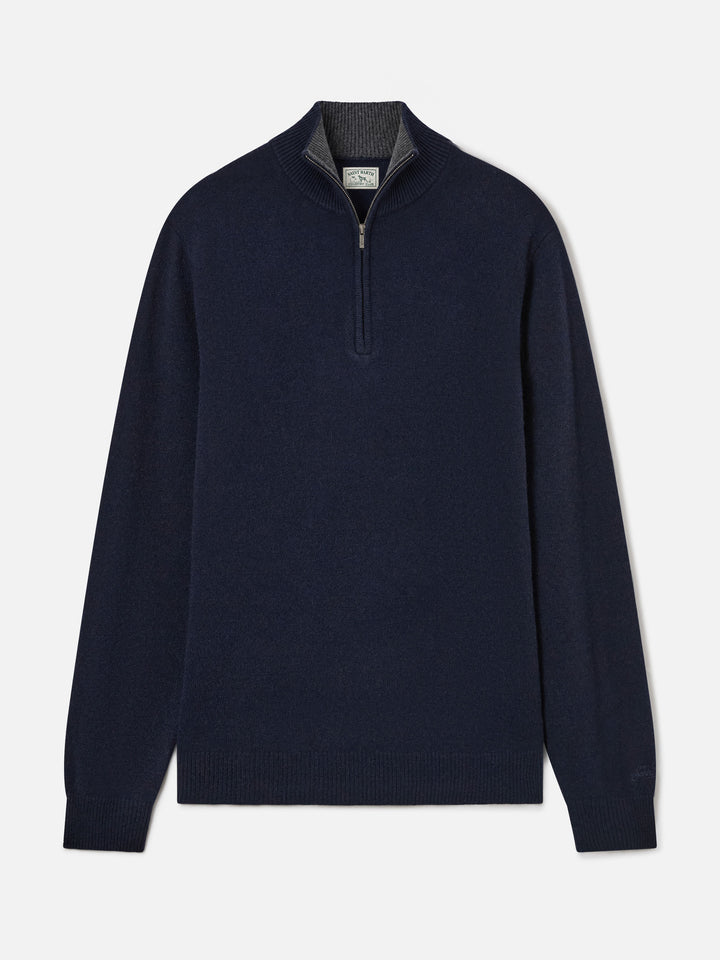 Maglia mezza zip in lana d'agnello Jermyn blu con collo a contrasto