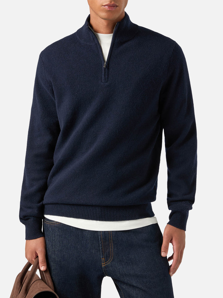 Maglia Jermyn blu notte in lana d'agnello con mezza zip e collo a contrasto
