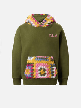 Jeune Jr green hoodie with crochet pattern