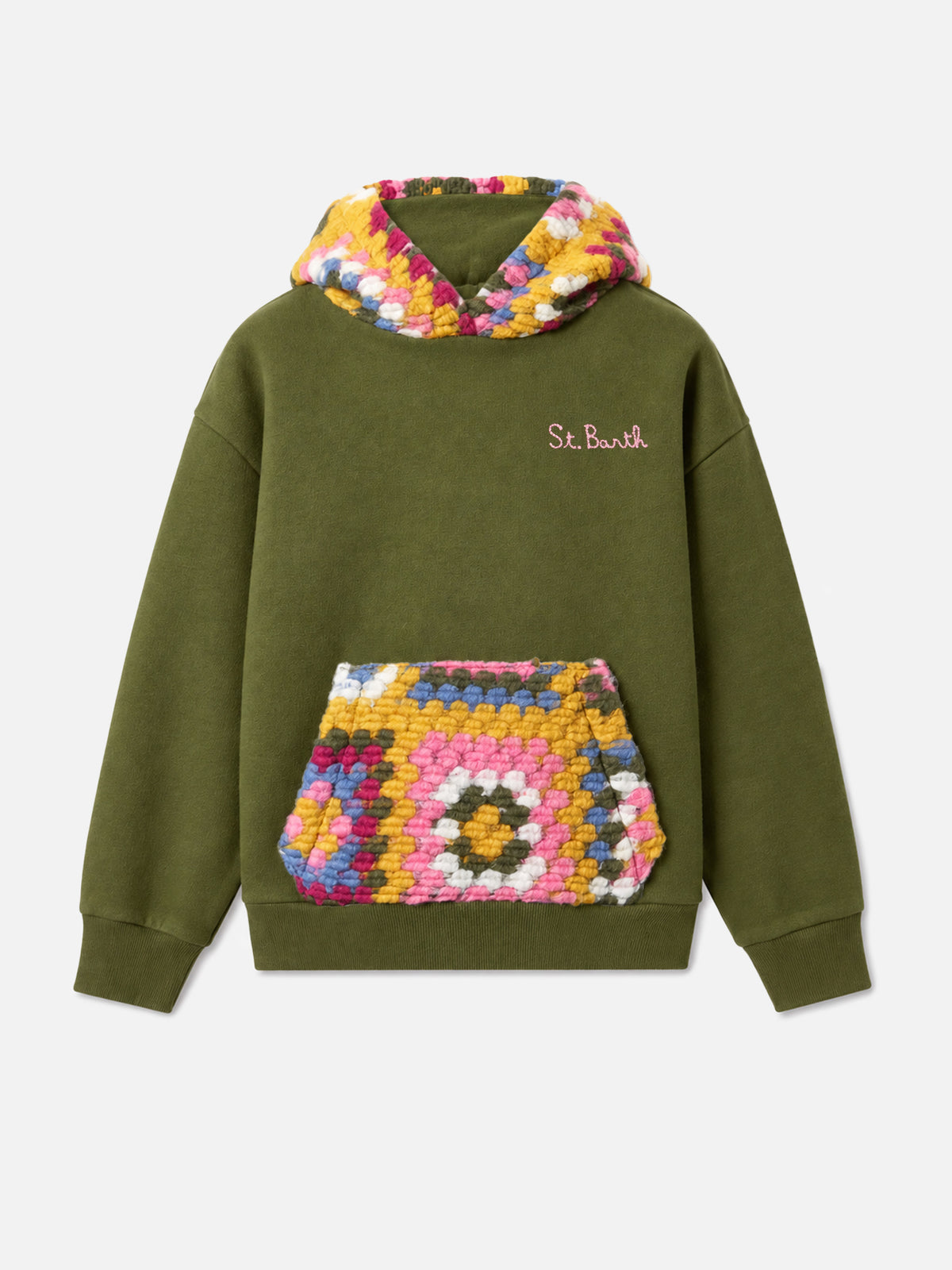 Felpa con cappuccio Jeune Jr verde con motivo crochet