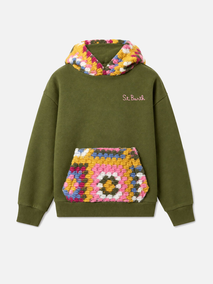 Sweat à capuche vert Jeune Jr avec motif au crochet 