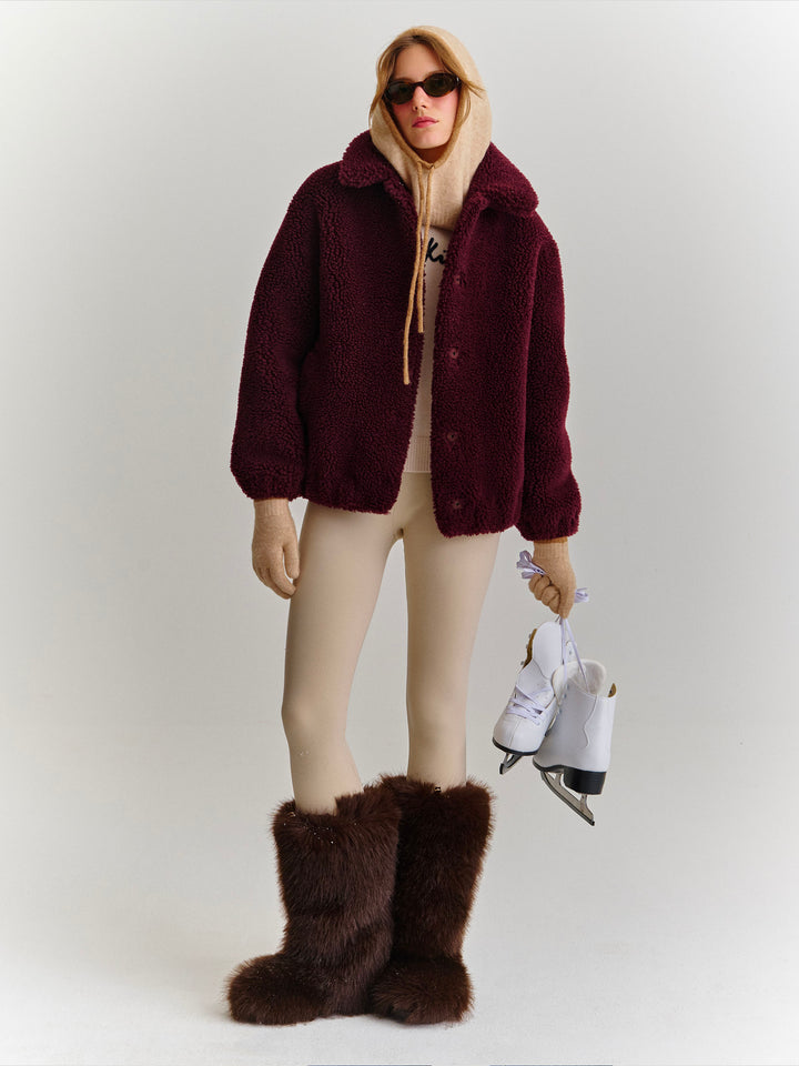 Giacca Jeanne melanzana in teddy di misto lana con patch logo