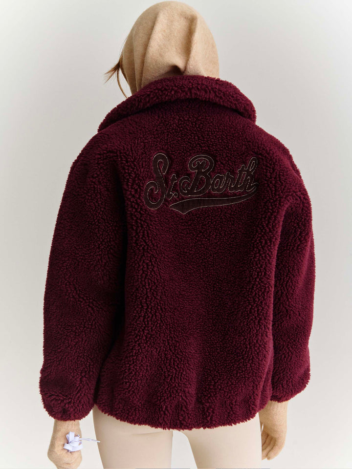 Giacca Jeanne melanzana in teddy di misto lana con patch logo