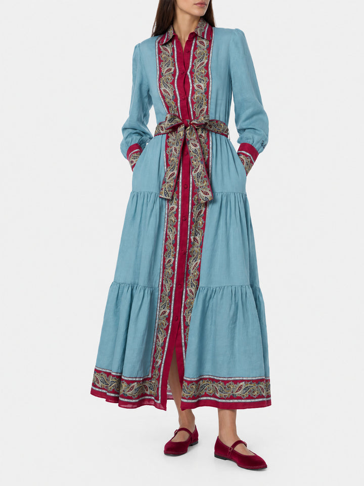 Hellblaues Jensen Leinenkleid mit Paisley-Muster 