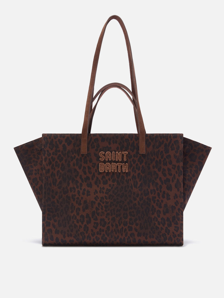Large Jour denim bag with leopard print and suede handles