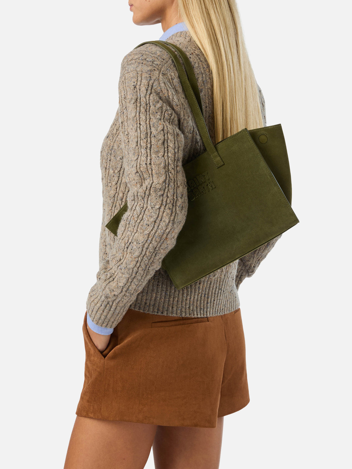 Sac Medium Jour en daim vert militaire avec étiquette logo 