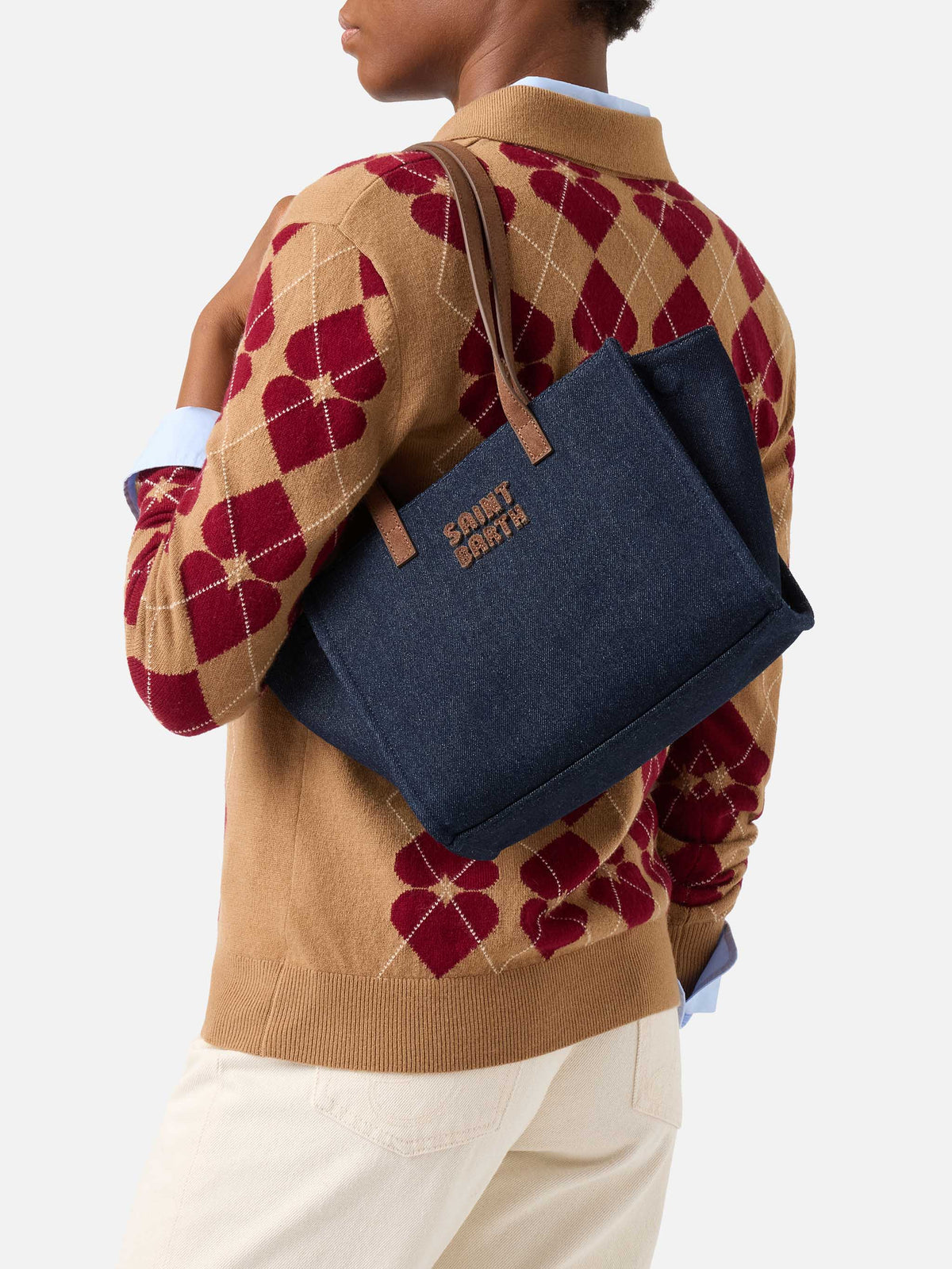 Blue Medium Jour Denimtasche mit Wildledergriffen 