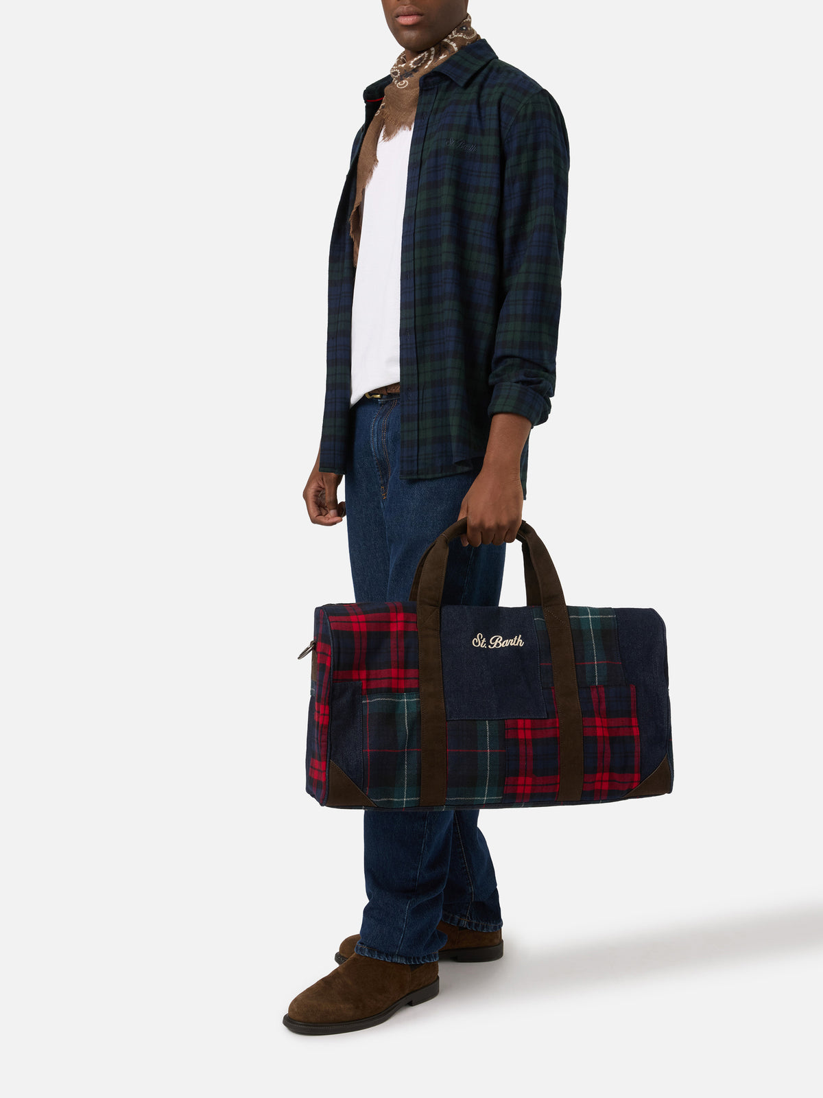 Jetleg Duffle Bag aus Patchwork-Denim und Tartan mit Besätzen aus Kunstleder 