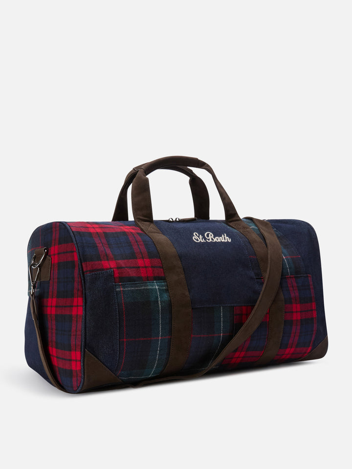 Jetleg Duffle Bag aus Patchwork-Denim und Tartan mit Besätzen aus Kunstleder 