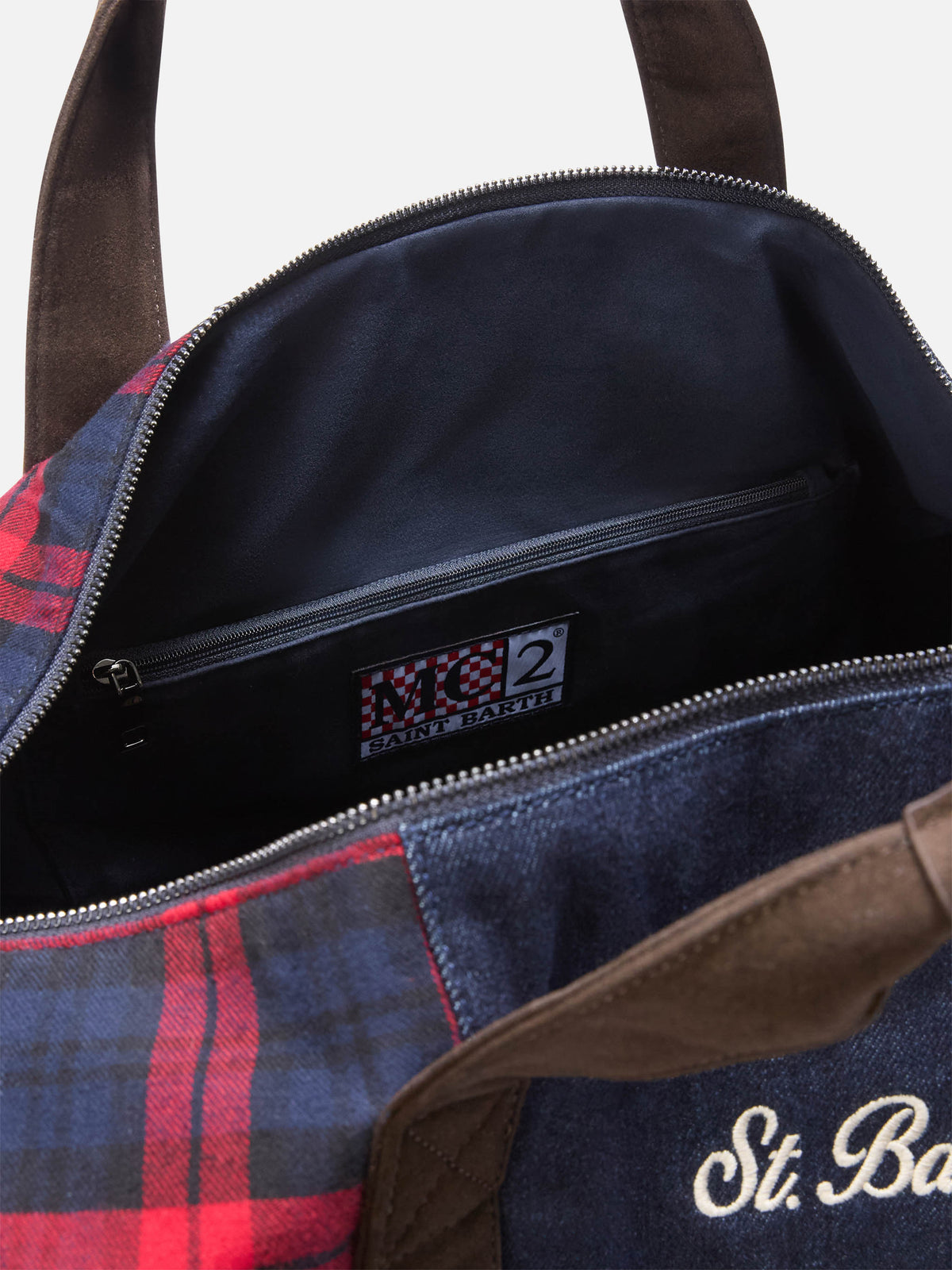 Sac de voyage Jetleg en denim patchwork et tartan avec finitions en similicuir 