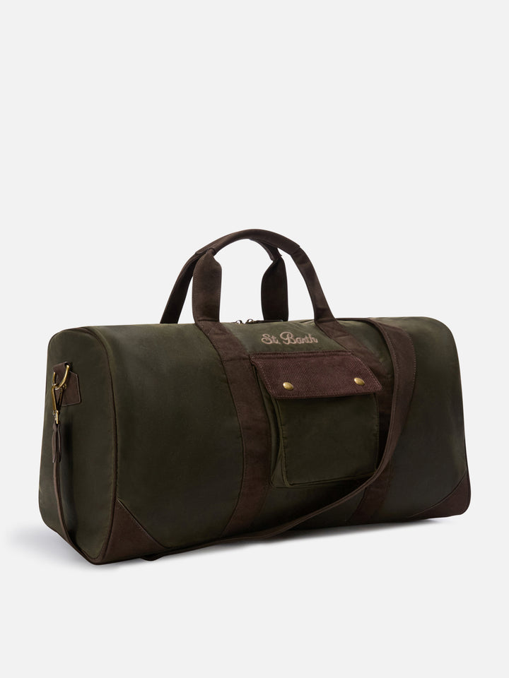 Military green Jetleg waxed duffle bag with logo embroidery