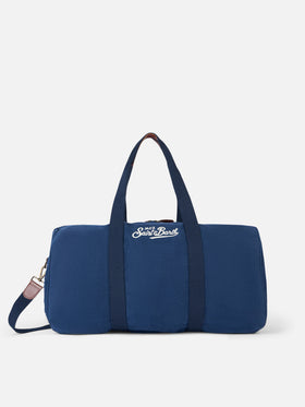 Jetleg Linen Travel Duffel Bag Blue Logo Embroidery Leather