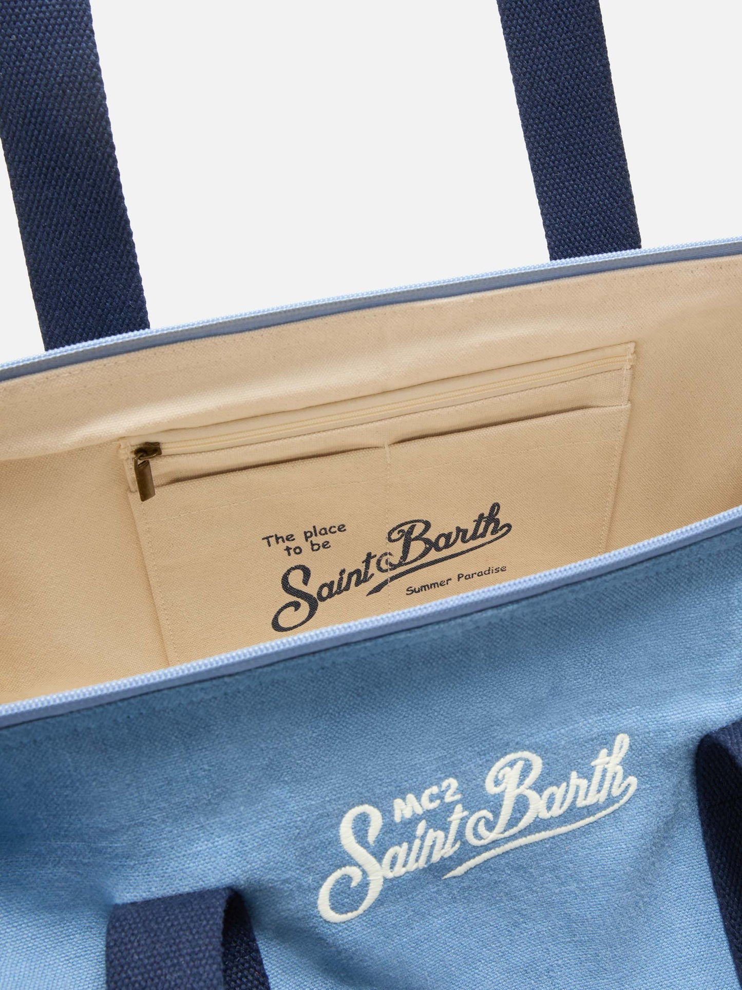 Borsone Round Jetleg in lino blu con logo ricamato a contrasto