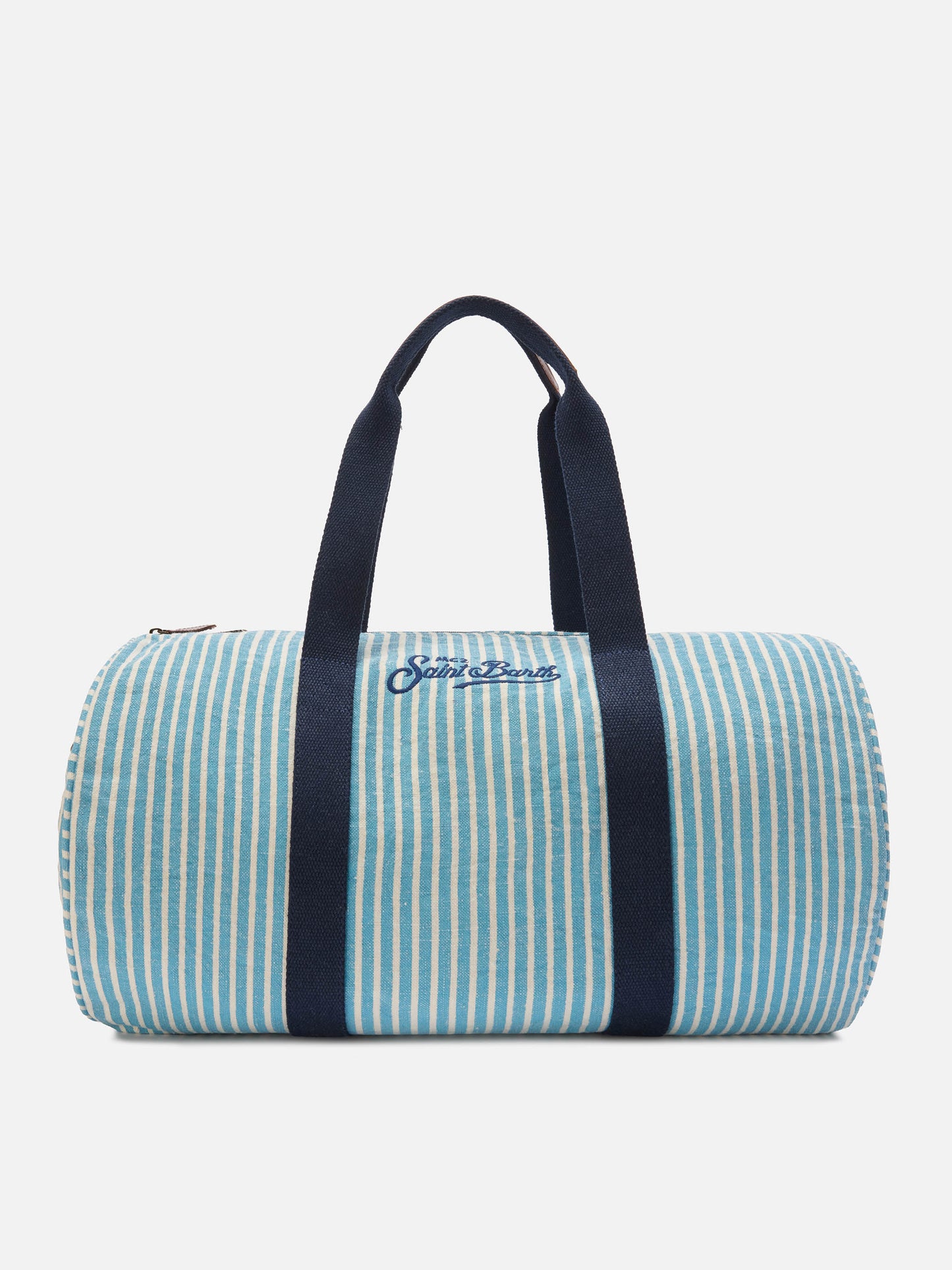 Round Jetleg blue and white striped linen weekender