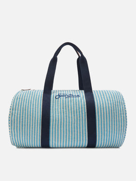 Round Jetleg blue and white striped linen weekender