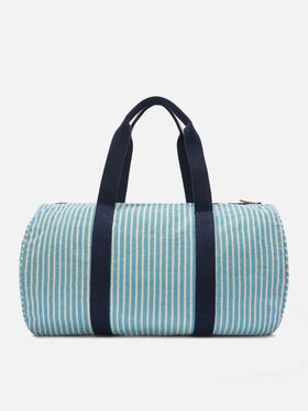 Round Jetleg blue and white striped linen weekender