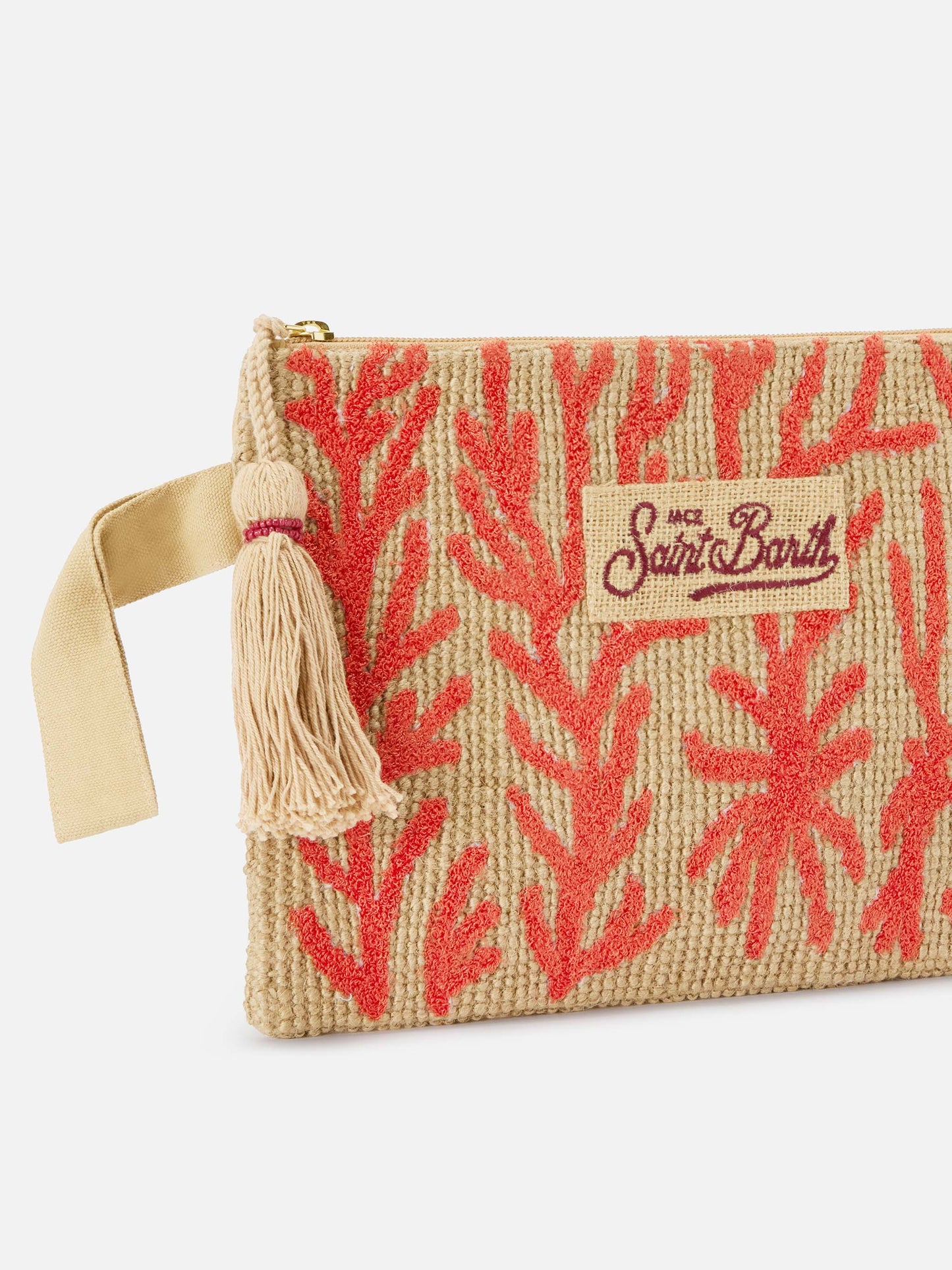 Jute pouch with embroidered coral pattern