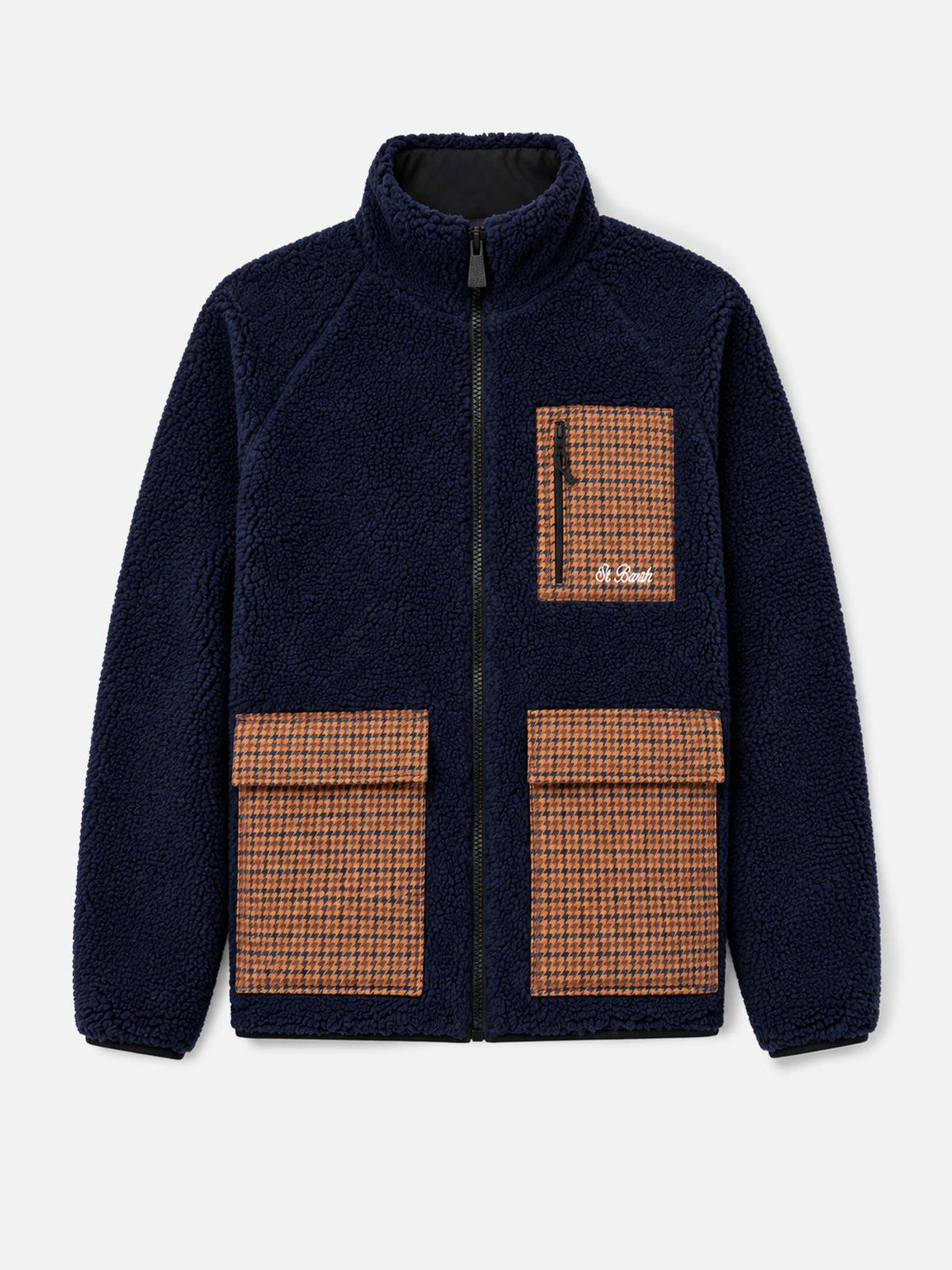 Chaqueta sherpa azul Keystone con bolsillos de parche a cuadros 