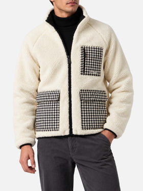 Weiße Keystone Sherpa-Jacke mit aufgesetzten Taschen im Pied-de-Poule-Muster 