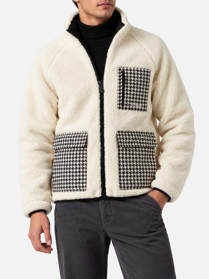 White Keystone sherpa jacket with pied de poule pockets