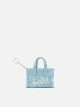 Light blue linen mini bag–shaped keychain with printed logo