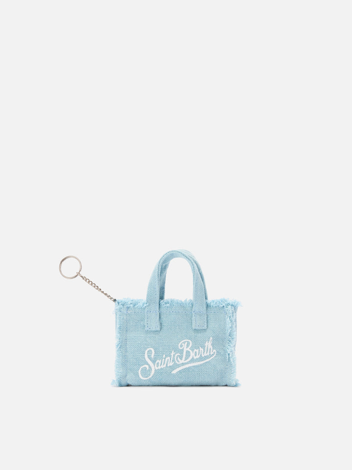 Porte-clés en lin bleu clair en forme de mini sac avec logo imprimé 