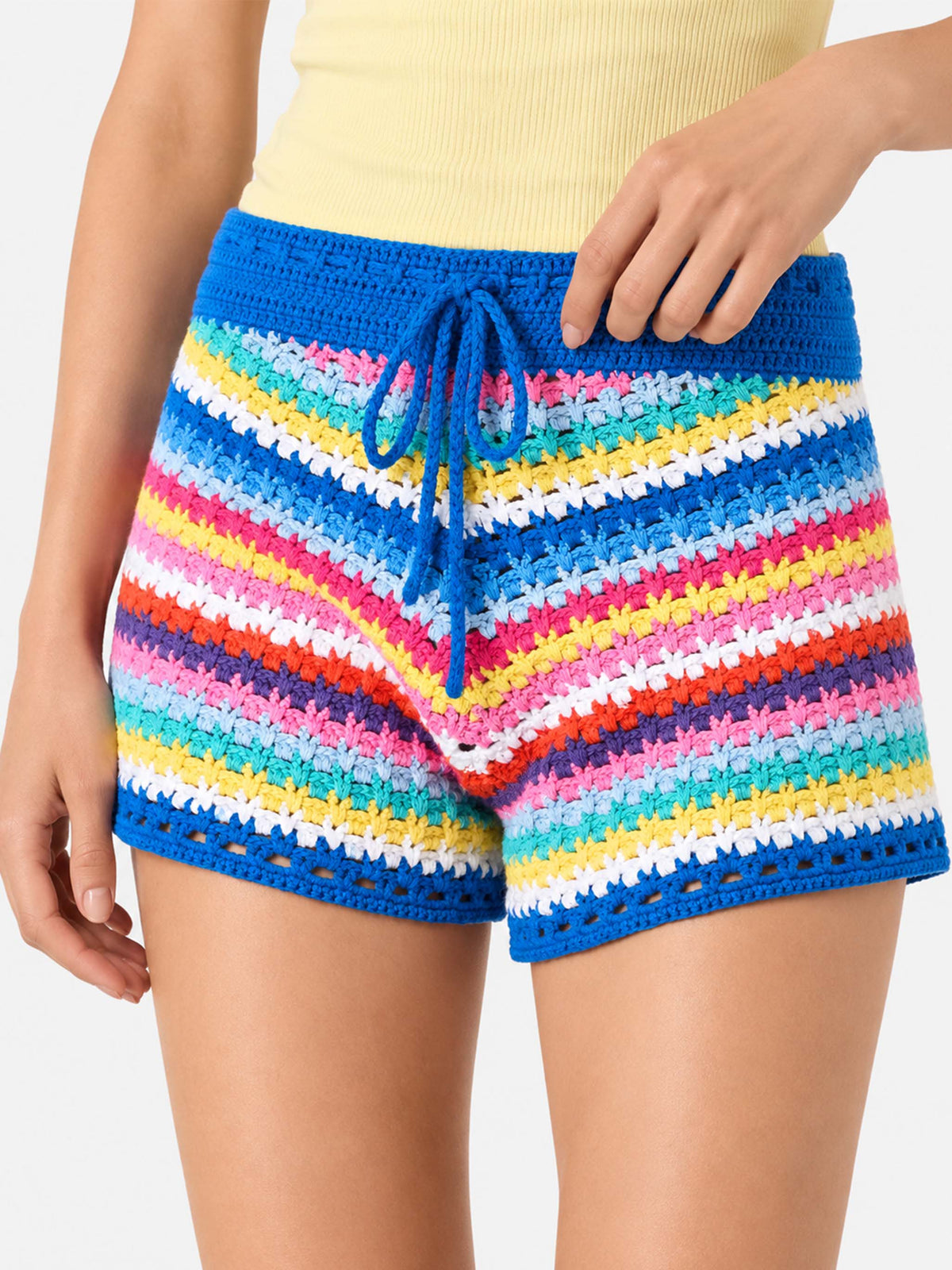 Multicolor crochet Kalima shorts on bluette background