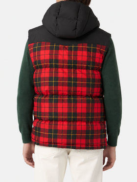 Red and black Klosters hooded vest with tartan pattern