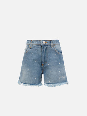 Shorts in denim bianco Kiko Jr con strass applicati