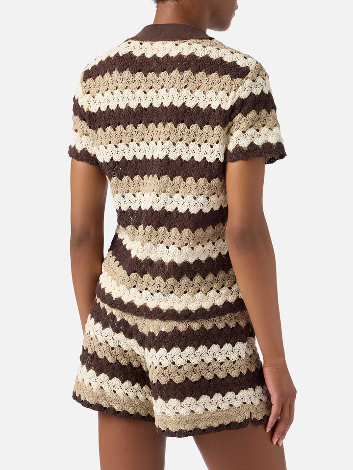 Lala crochet-effect cotton blend polo with striped pattern