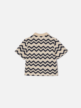 Lala Jr Polo in cotton blend knit with blue and ivory wave pattern