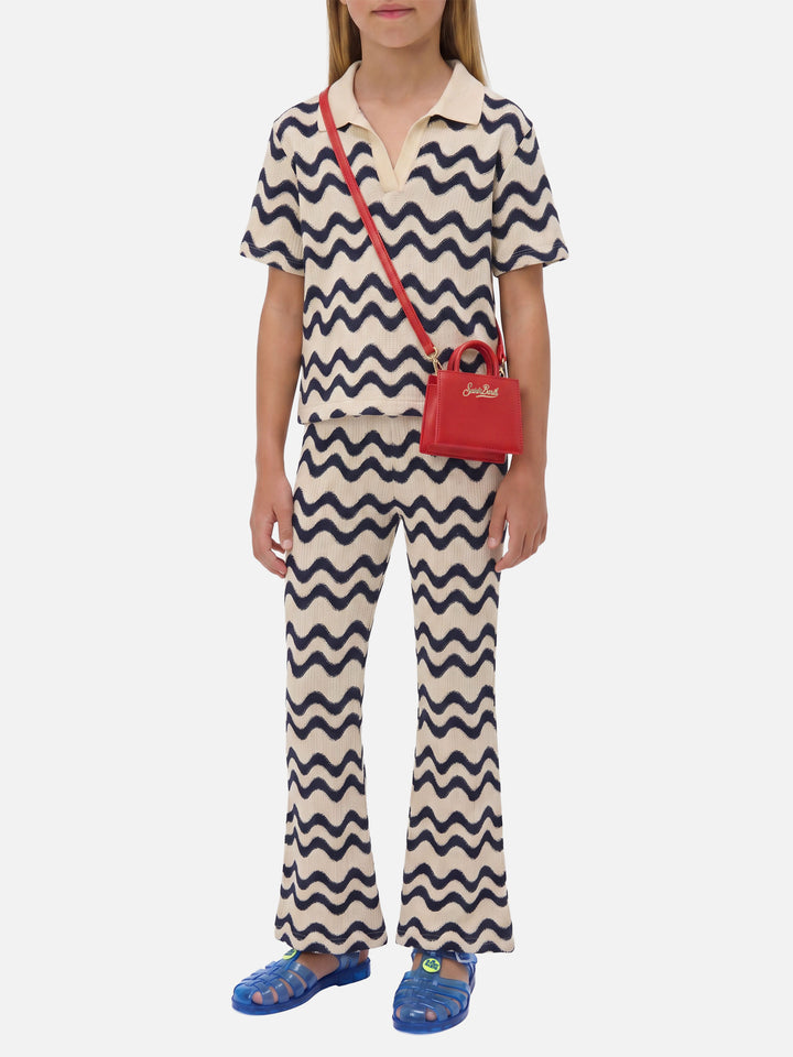 Gwenda Jr raschel knit pants with blue and ivory wave pattern