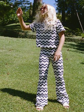 Gwenda Jr raschel knit pants with blue and ivory wave pattern