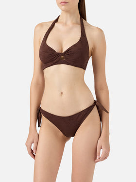 Yali brown Sangallo lace classic swim briefs - Leda Sangallo lace triangle bralette top