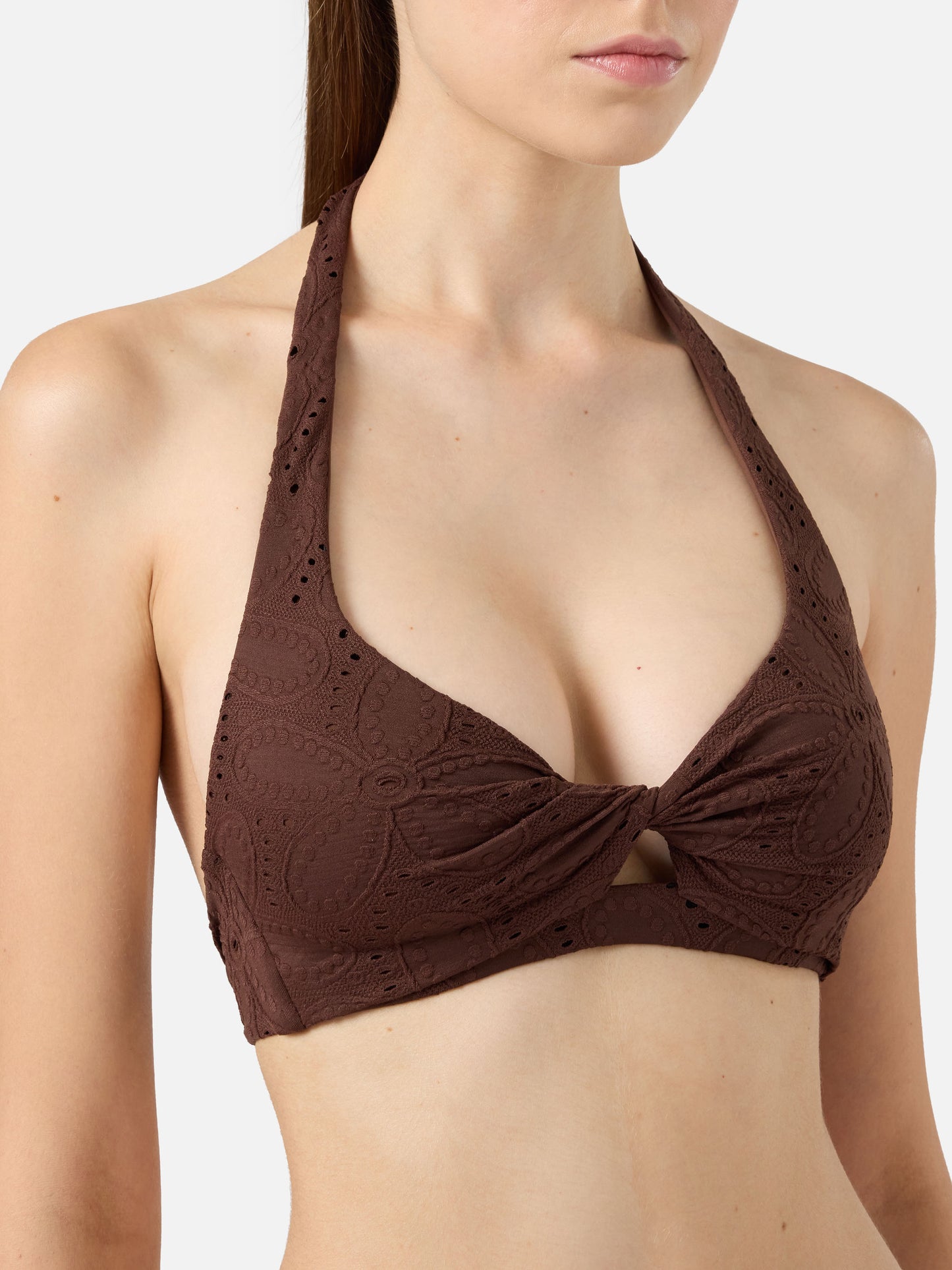 Yali brown Sangallo lace classic swim briefs - Leda Sangallo lace triangle bralette top